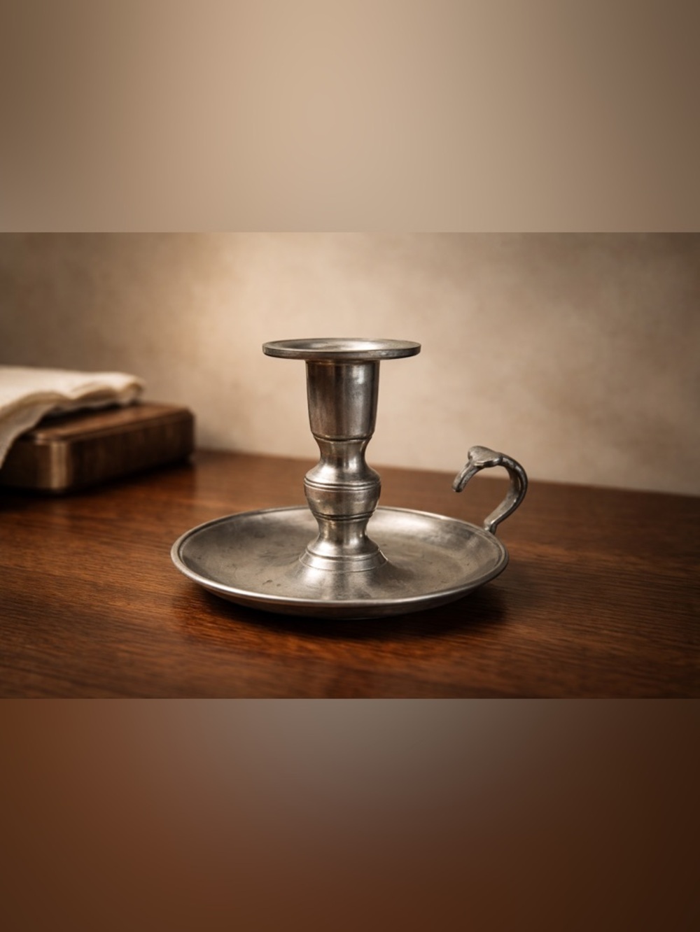 Vintage Early American Pewter by Web Candlestick Candle Holder w/ Finger Loop